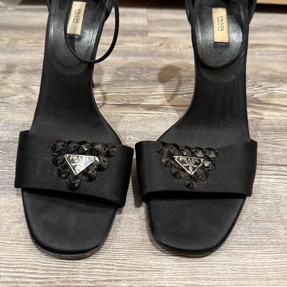Prada Black Strappy Satin Logo Heels - Picture 7 of 7
